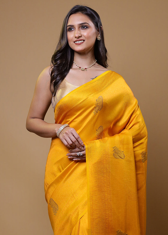 Yellow Dupion Silk Saree With Blouse Piece