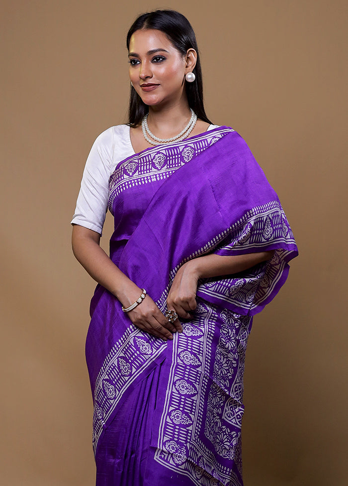 Purple Printed Pure Silk Saree Without Blouse Piece