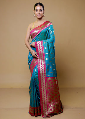 Blue Dupion Silk Saree With Blouse Piece