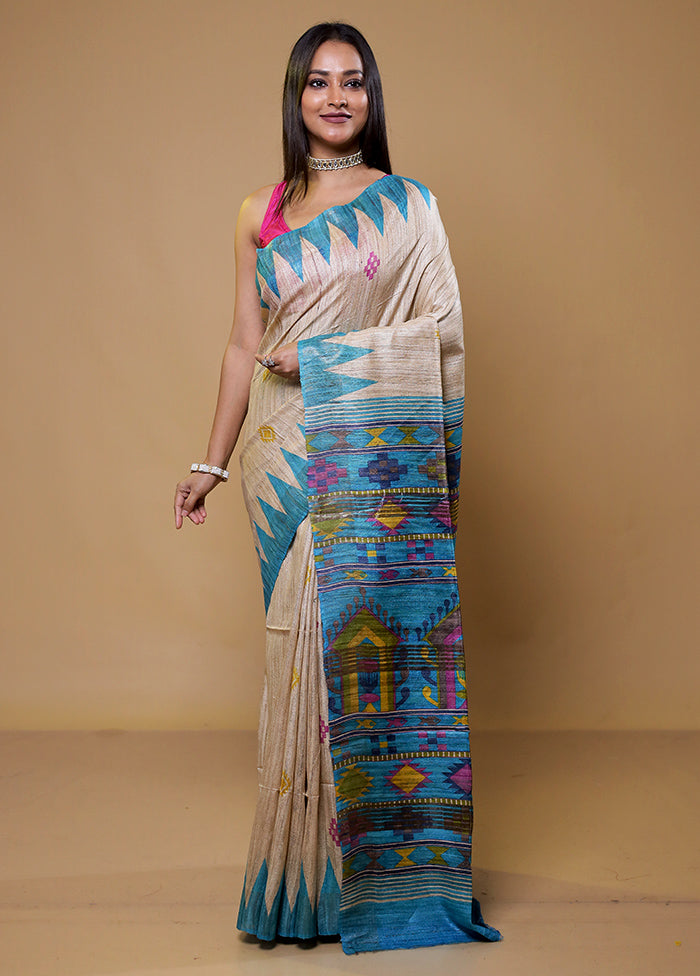 Cream Tussar Silk Saree With Blouse Piece