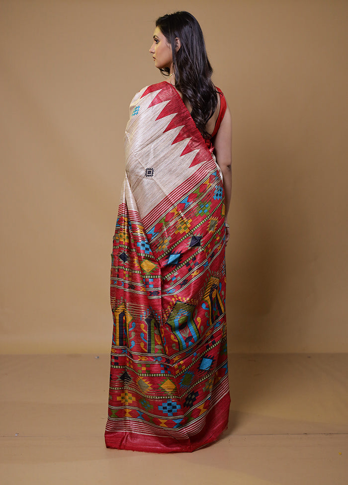 Cream Tussar Silk Saree With Blouse Piece