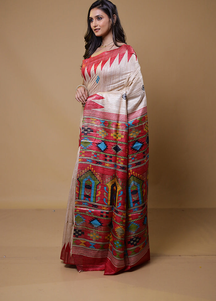 Cream Tussar Silk Saree With Blouse Piece