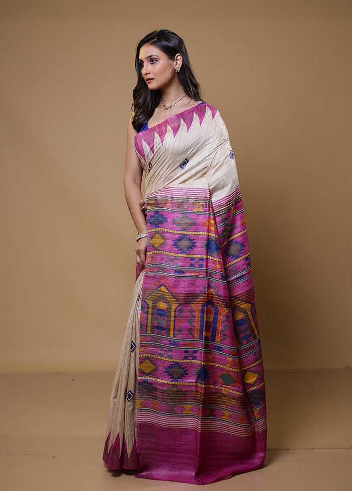 Cream Tussar Silk Saree With Blouse Piece