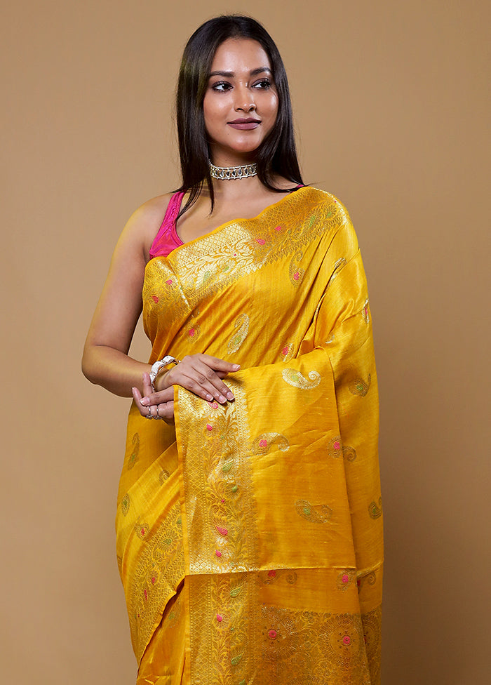 Yellow Tussar Silk Saree With Blouse Piece