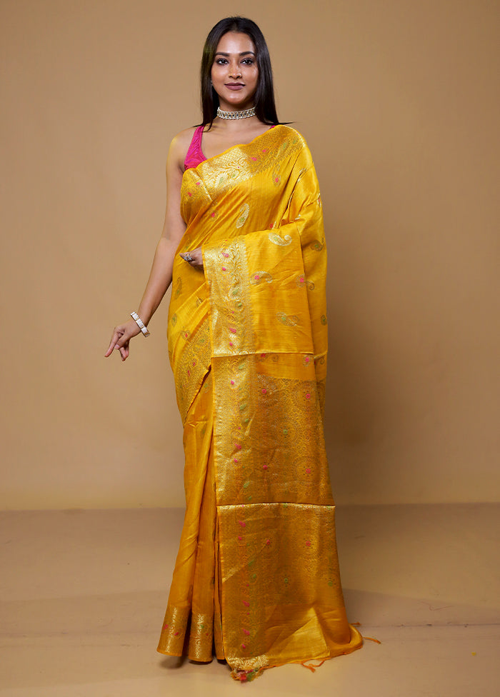 Yellow Tussar Silk Saree With Blouse Piece