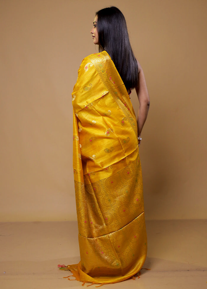 Yellow Tussar Silk Saree With Blouse Piece