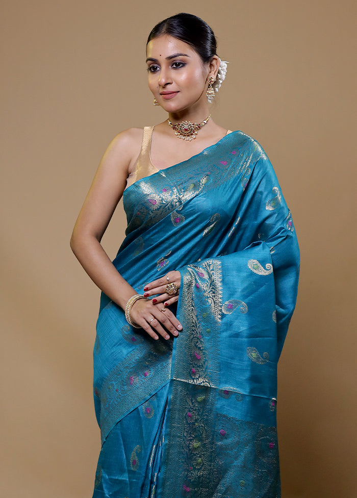 Blue Tussar Silk Saree With Blouse Piece