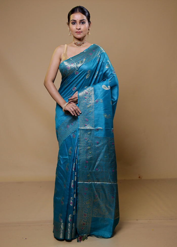 Blue Tussar Silk Saree With Blouse Piece