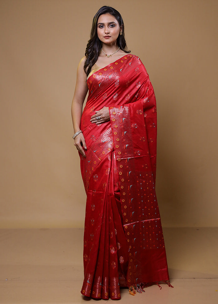 Red Tussar Silk Saree With Blouse Piece