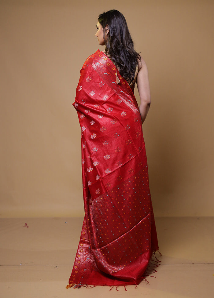 Red Tussar Silk Saree With Blouse Piece