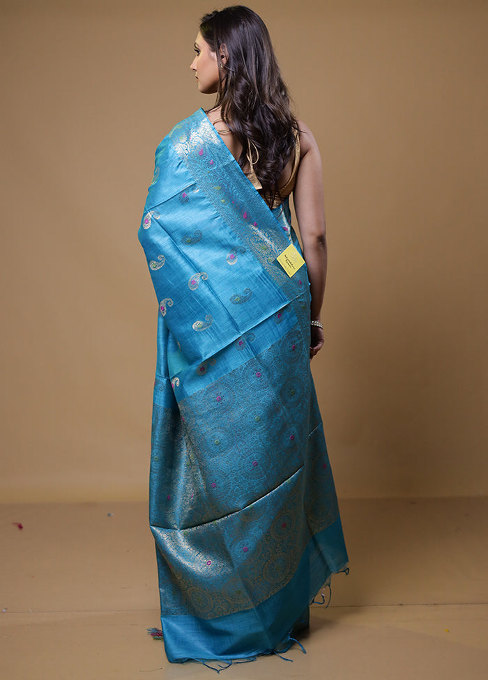 Blue Tussar Silk Saree With Blouse Piece