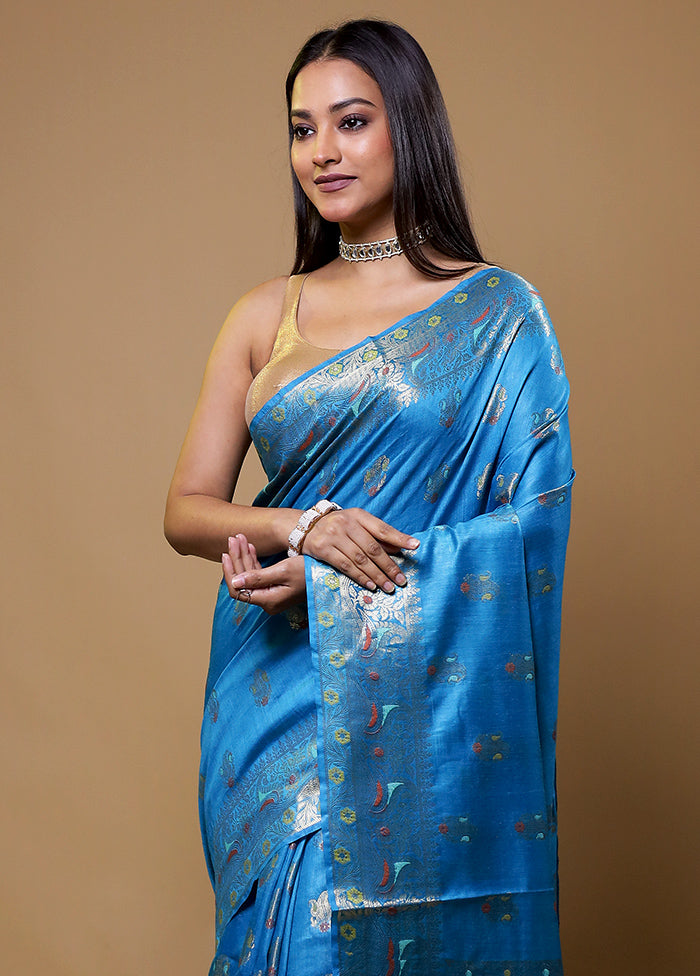 Blue Tussar Silk Saree With Blouse Piece