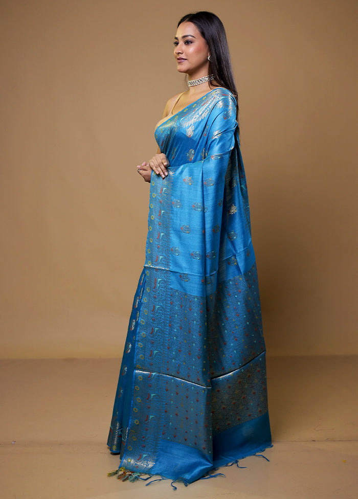 Blue Tussar Silk Saree With Blouse Piece