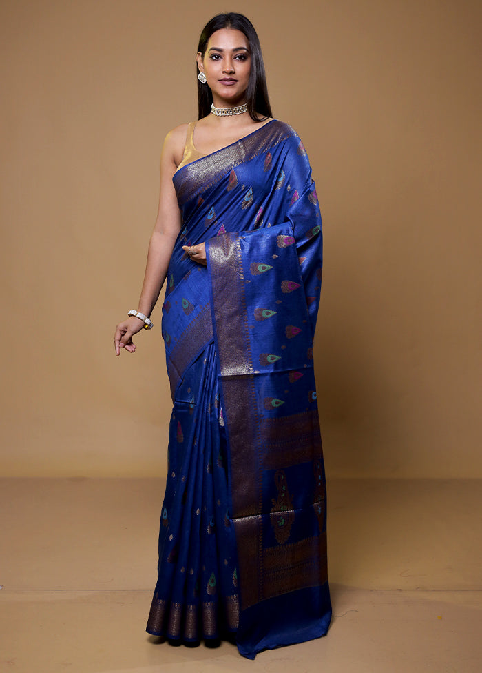 Blue Tussar Silk Saree With Blouse Piece