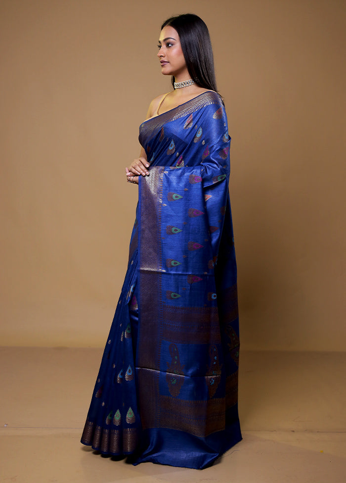 Blue Tussar Silk Saree With Blouse Piece