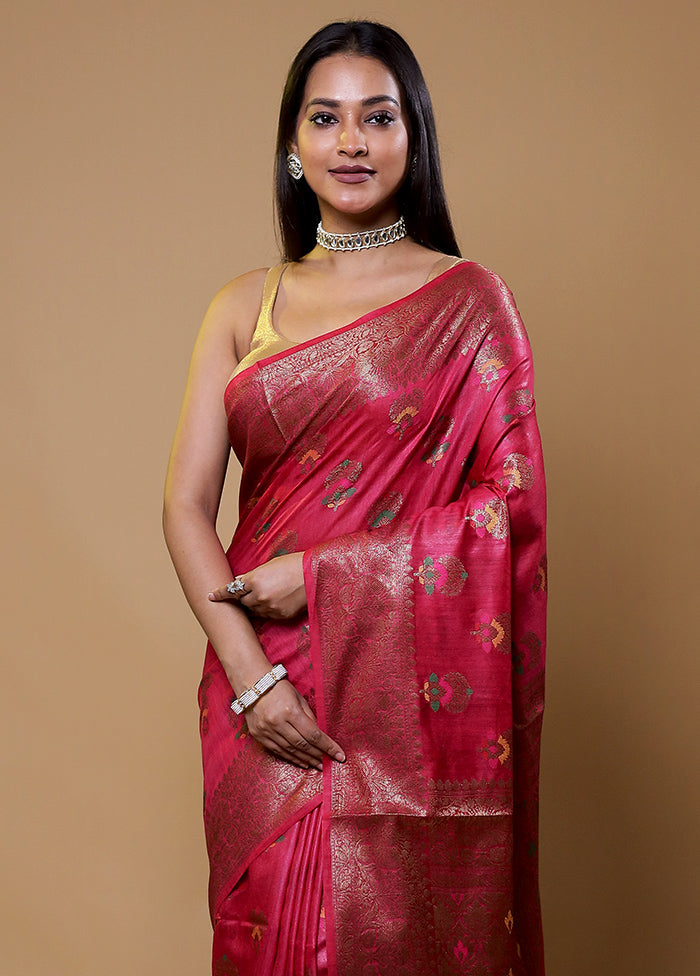 Pink Tussar Silk Saree With Blouse Piece