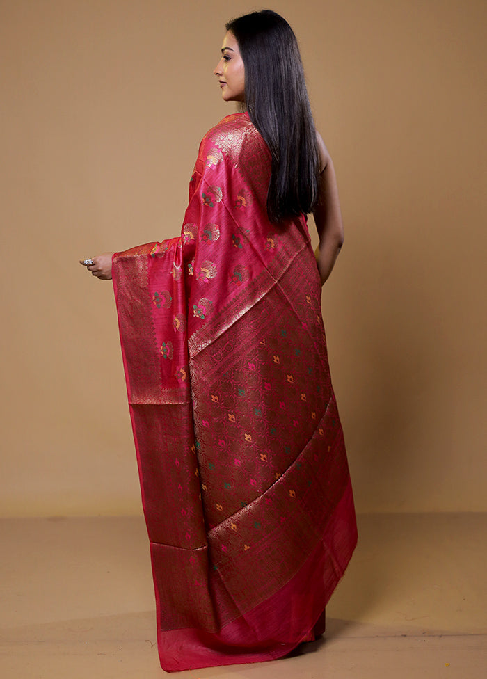 Pink Tussar Silk Saree With Blouse Piece