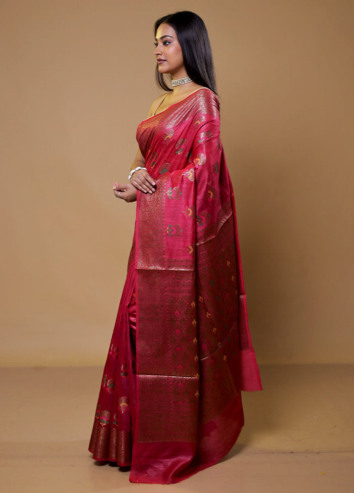 Pink Tussar Silk Saree With Blouse Piece