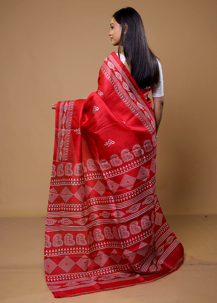 Red Printed Pure Silk Saree Without Blouse Piece