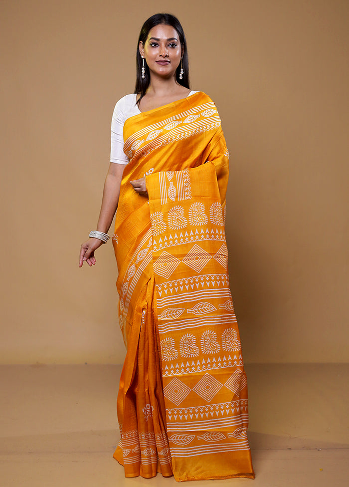 Yellow Printed Pure Silk Saree Without Blouse Piece