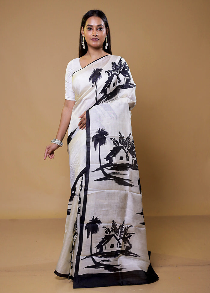 White Printed Pure Silk Saree Without Blouse Piece