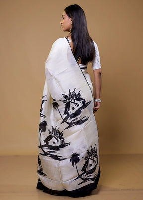 White Printed Pure Silk Saree Without Blouse Piece