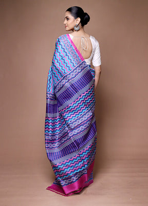 Blue Printed Pure Silk Saree Without Blouse Piece