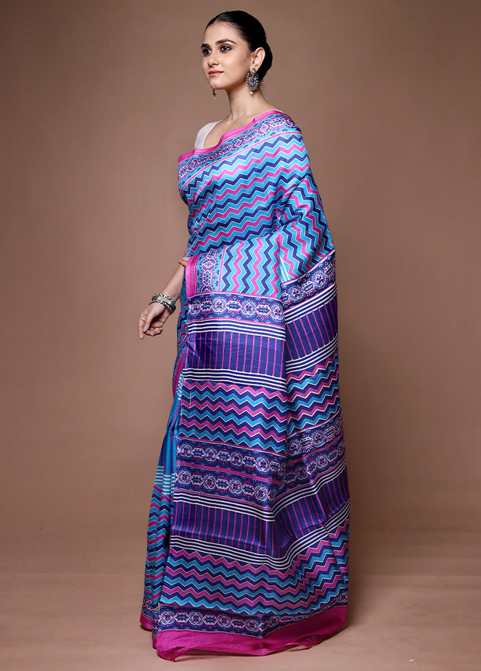 Blue Printed Pure Silk Saree Without Blouse Piece