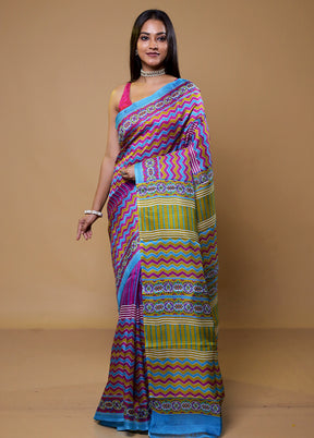 Purple Printed Pure Silk Saree Without Blouse Piece