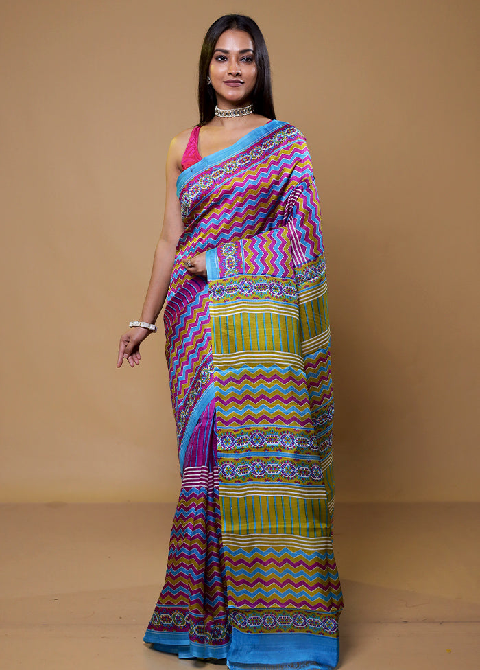 Purple Printed Pure Silk Saree Without Blouse Piece