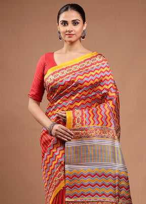 Yellow Printed Pure Silk Saree Without Blouse Piece