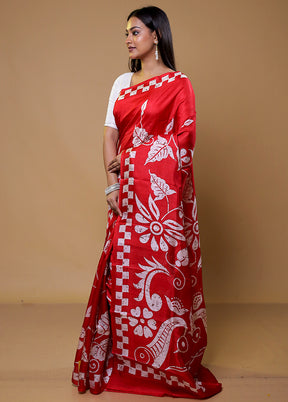 Red Printed Pure Silk Saree Without Blouse Piece