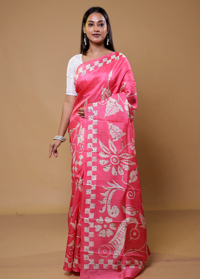 Pink Printed Pure Silk Saree Without Blouse Piece