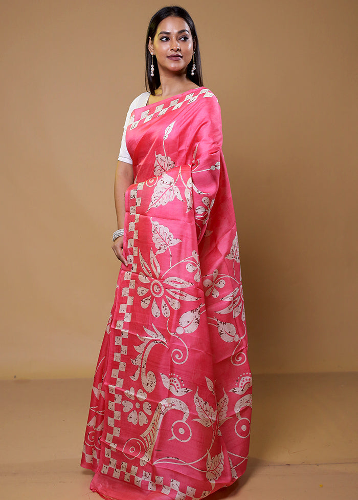 Pink Printed Pure Silk Saree Without Blouse Piece