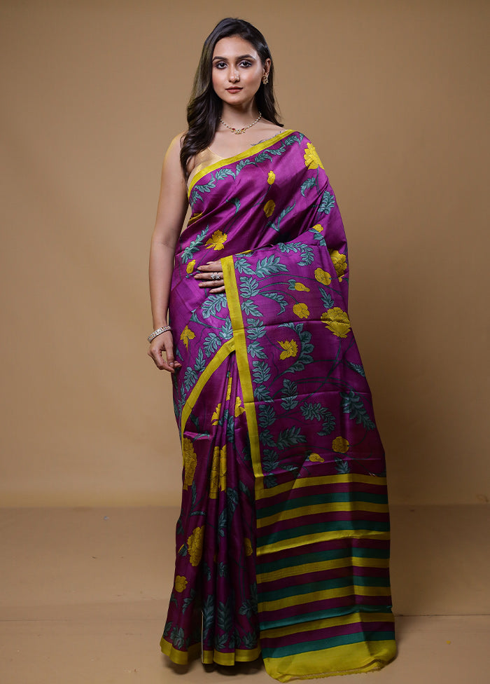 Purple Printed Pure Silk Saree Without Blouse Piece