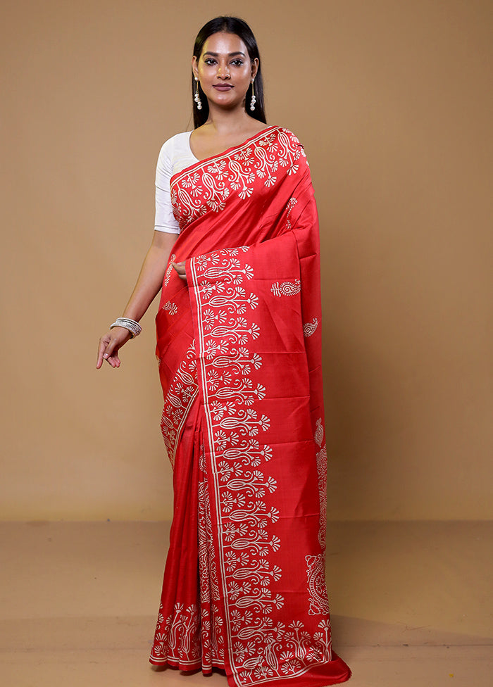 Red Pure Bishnupuri Silk Saree Without Blouse Piece