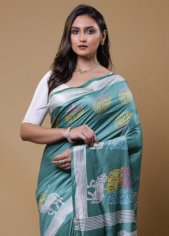 Green Printed Silk Saree Without Blouse Piece