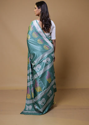 Green Printed Silk Saree Without Blouse Piece