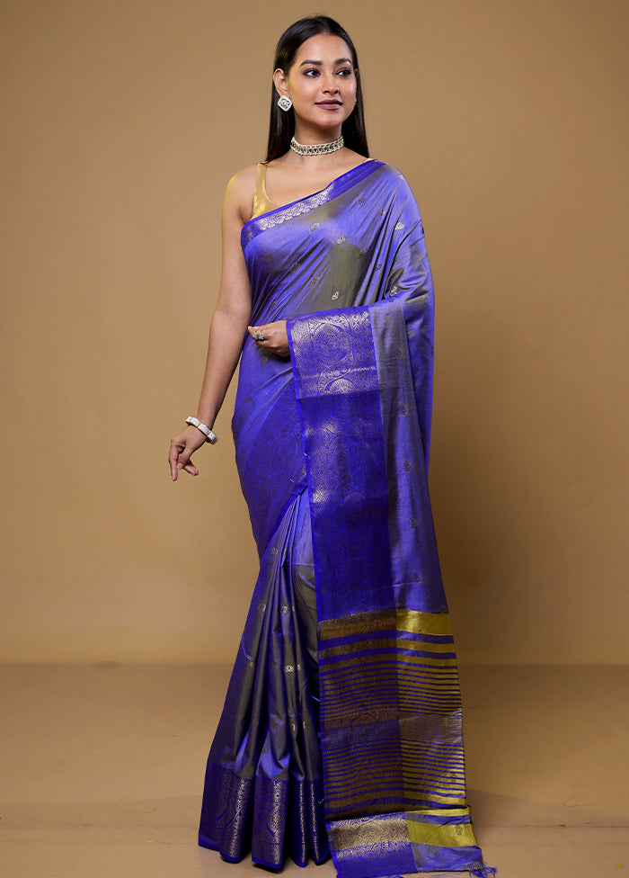 Blue Dupion Silk Saree With Blouse Piece