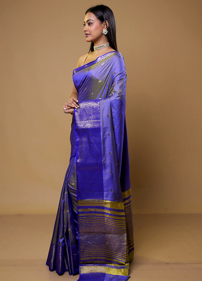 Blue Dupion Silk Saree With Blouse Piece