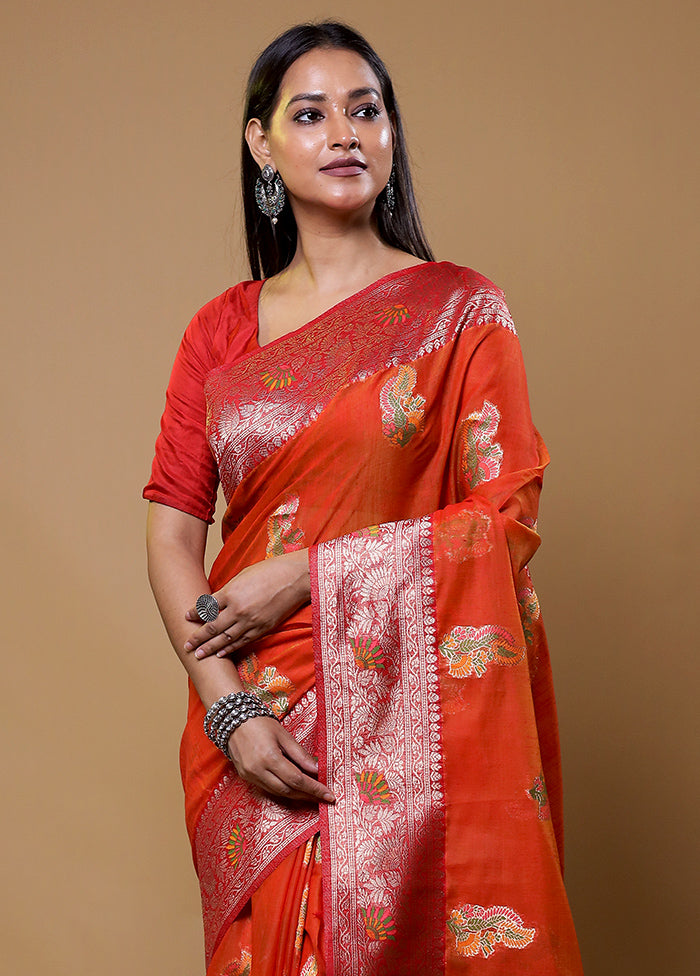 Orange Dupion Silk Saree With Blouse Piece