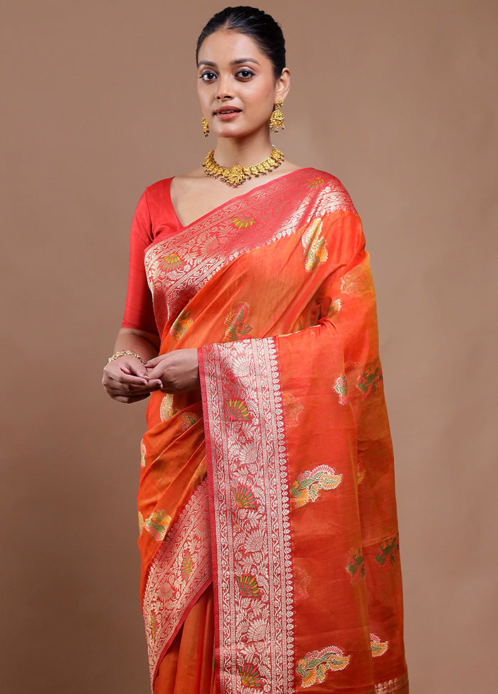 Rust Dupion Silk Saree With Blouse Piece