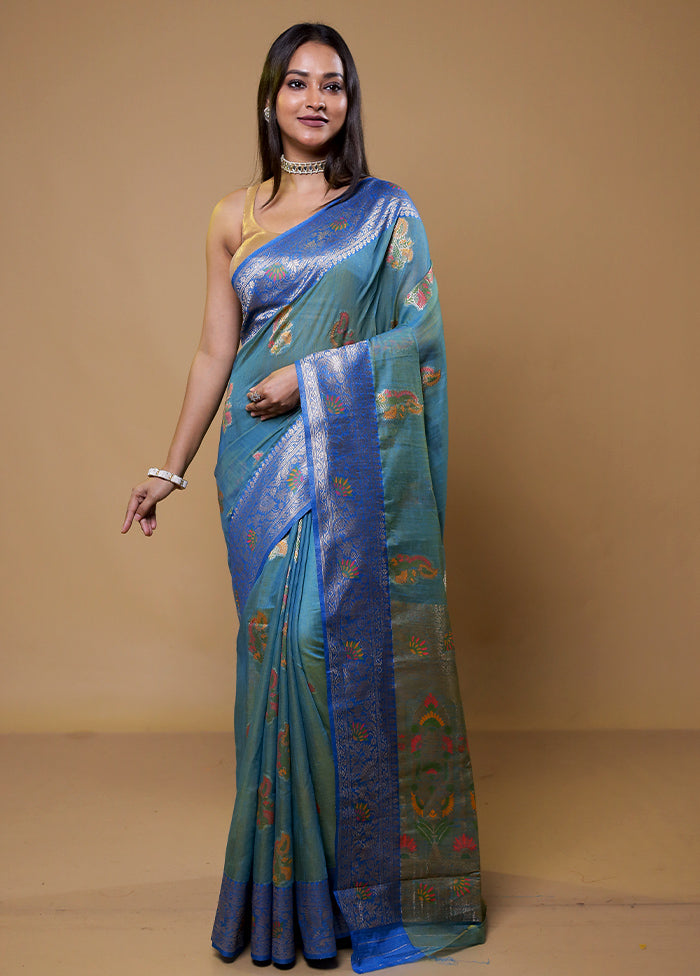 Blue Dupion Silk Saree With Blouse Piece