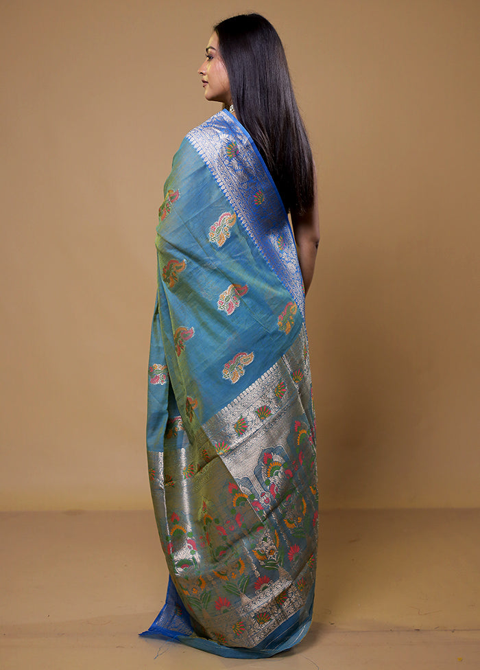 Blue Dupion Silk Saree With Blouse Piece