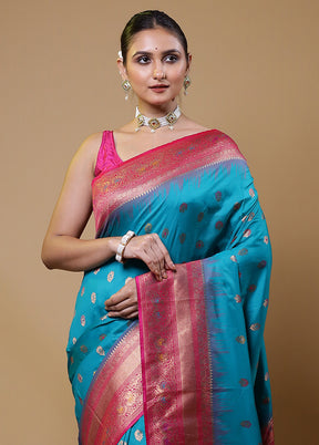 Blue Dupion Silk Saree With Blouse Piece