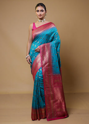 Blue Dupion Silk Saree With Blouse Piece