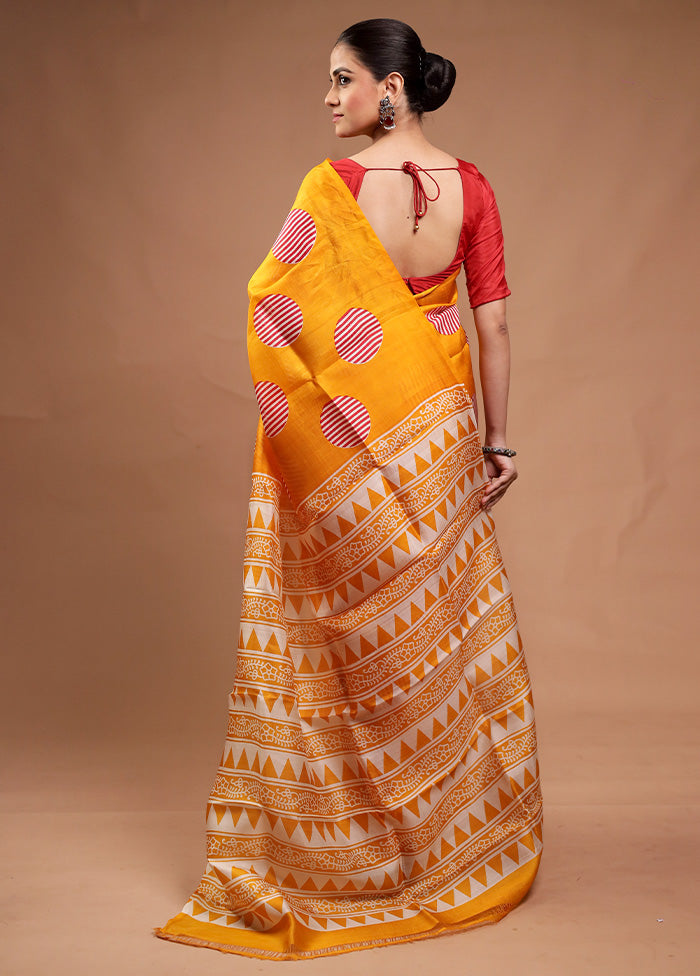 Yellow Printed Pure Silk Saree Without Blouse Piece