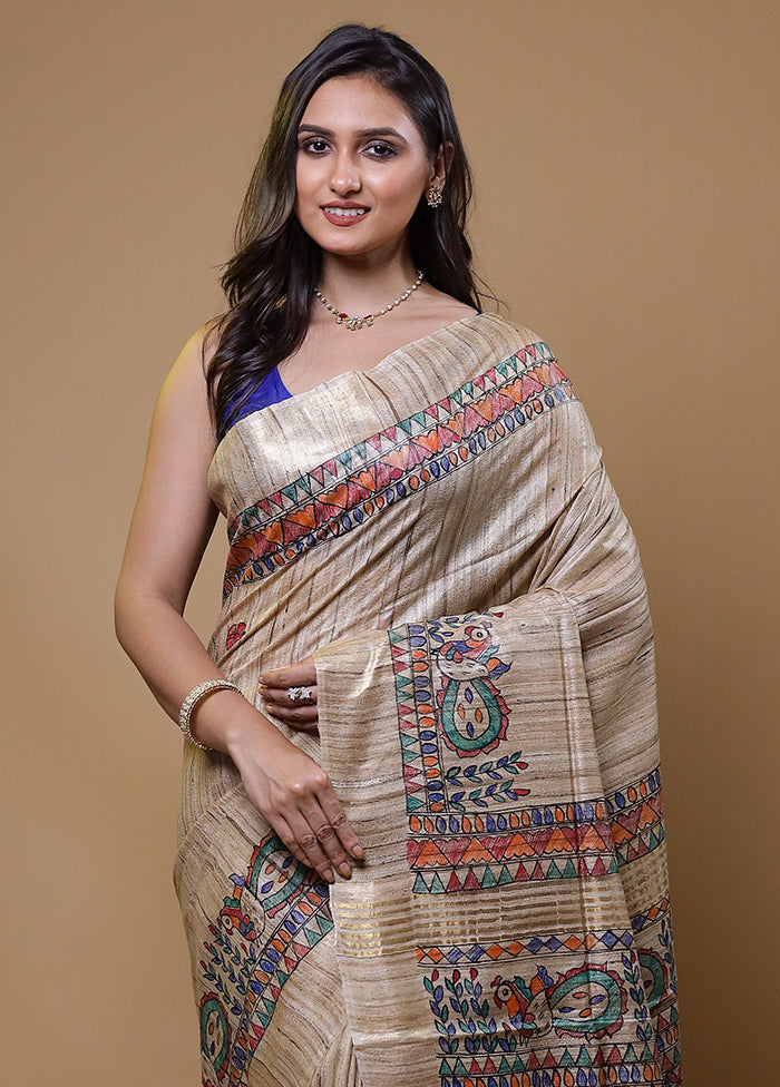 Cream Tussar Silk Saree With Blouse Piece