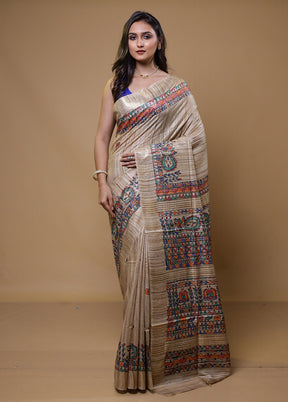 Cream Tussar Silk Saree With Blouse Piece