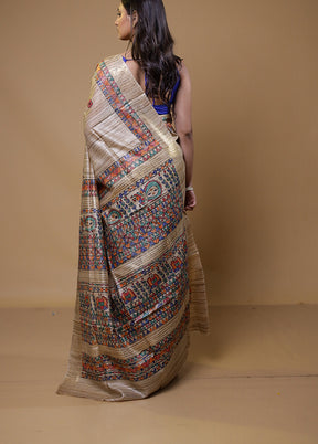 Cream Tussar Silk Saree With Blouse Piece